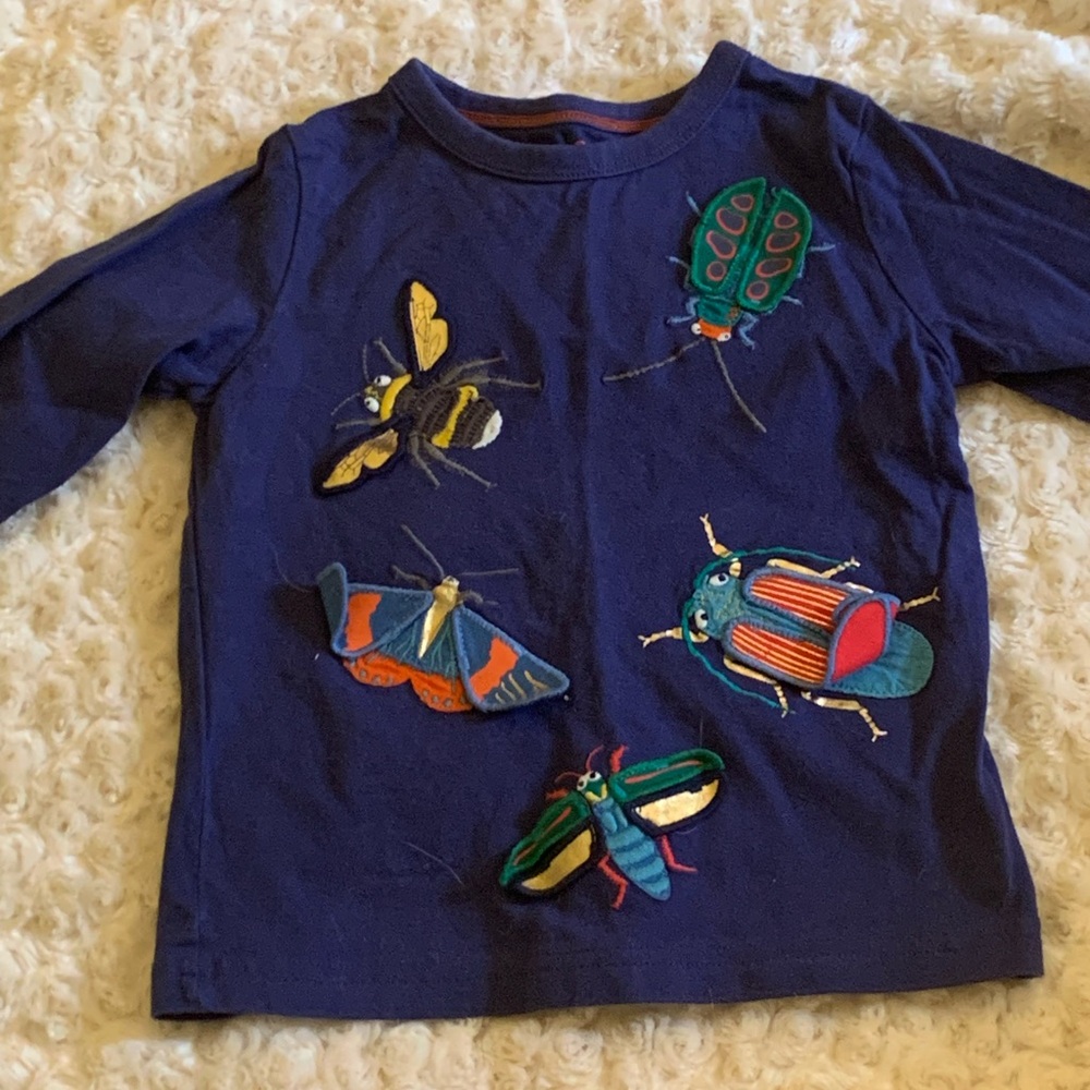 Mini Boden Navy Long-Sleeve Tee with Colorful Bug embroidery/appliqués, 3-4Y